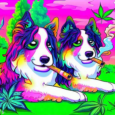 two cool border collies smoking weed in a park, illustration in the style of Lisa Frank