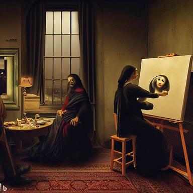 Leonardo da Vinci is painting the Mona Lisa who is in the room with him, but his wife is jealous about that Lisa woman as she used to refer to her