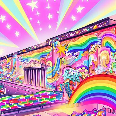illustration of the Berlin Wall at Checkpoint Charlie, in the style of Lisa Frank