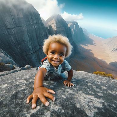a toddler practicing free solo mountain climbing, African descent, blonde, smirking to the camera, GoPro photo