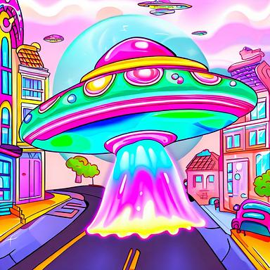 a flying saucer landing in the streets, illustration in the style of Lisa Frank