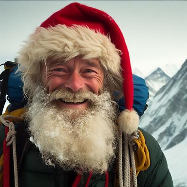 alpinist Santa, a jovial portrait photo on the Mount Everest