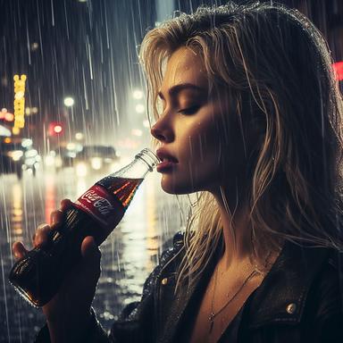 a blonde woman drinking a bottle of Coke in the heavy rain in New York at dawn, scene from a TV commercial, emotional shot