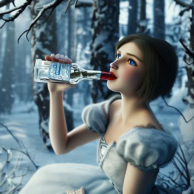 Snow White in a Russian vodka commercial, drinking from a bottle in a taiga forest, detailed winter scene, photorealistic