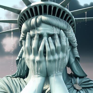 the Statue of Liberty bursting out in tears, photorealistic